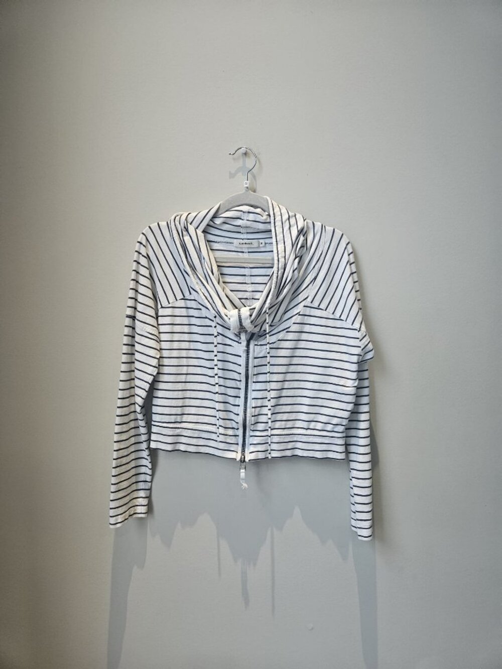 SANDWICH Striped Cropped Zip-Up Hoodie Cardigan White Navy - Small
